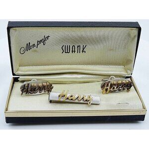 HARRY Name Vintage Cufflinks Tie Clip Bar Set Swank NOS Original Box 1950s